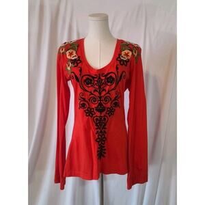 Johnny Was LA Womens Designer Dark Orange Embroidered Floral Top Medium
